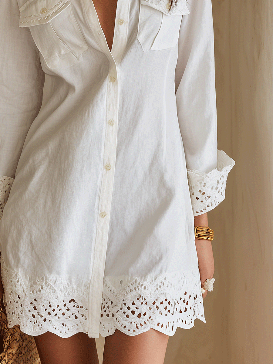 Χιμένα™ | Λευκό Boho Mini Φόρεμα-Πουκάμισο με Κέντημα