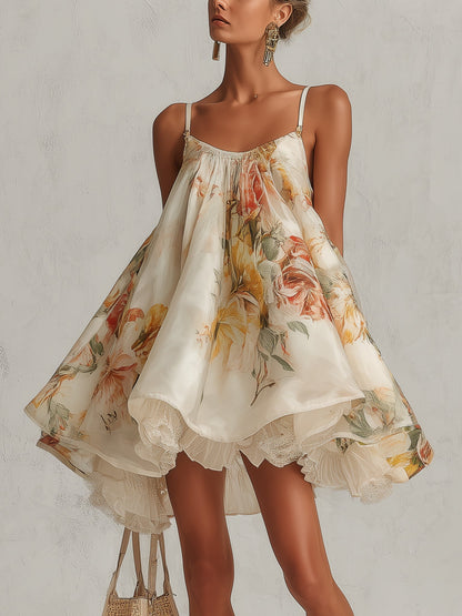 Μπεζ φλοράλ mini φόρεμα A-line με δαντέλα