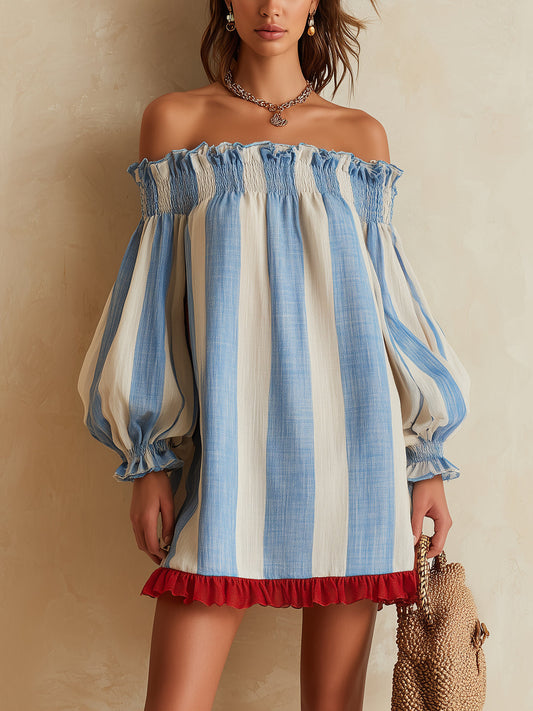 Μαρίνα™ | Mini Φόρεμα Off-Shoulder με Μπλε-Άσπρες Ρίγες και Κόκκινη Βολάν