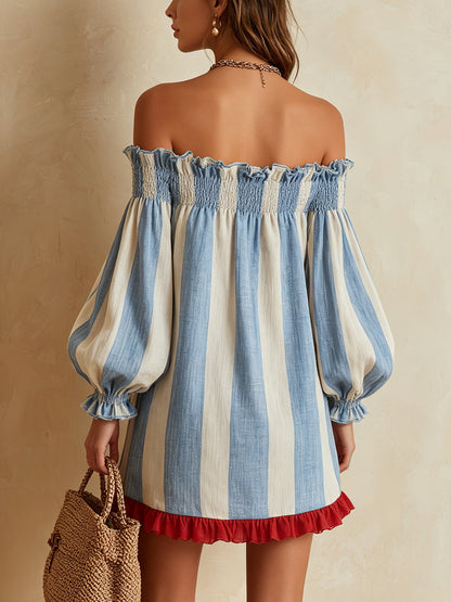 Μαρίνα™ | Mini Φόρεμα Off-Shoulder με Μπλε-Άσπρες Ρίγες και Κόκκινη Βολάν