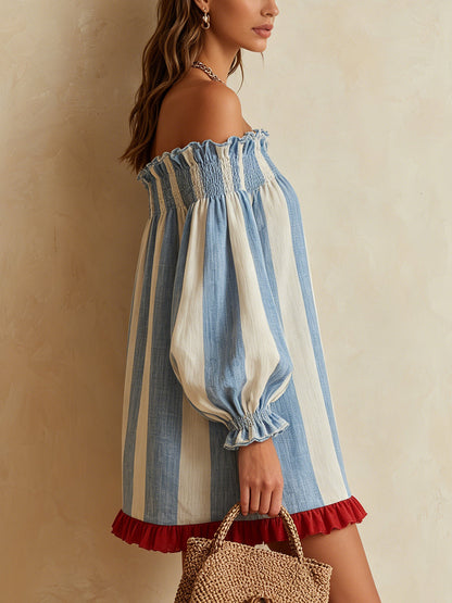 Μαρίνα™ | Mini Φόρεμα Off-Shoulder με Μπλε-Άσπρες Ρίγες και Κόκκινη Βολάν