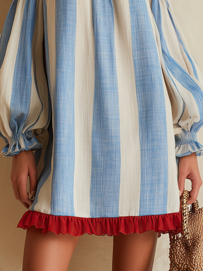 Μαρίνα™ | Mini Φόρεμα Off-Shoulder με Μπλε-Άσπρες Ρίγες και Κόκκινη Βολάν
