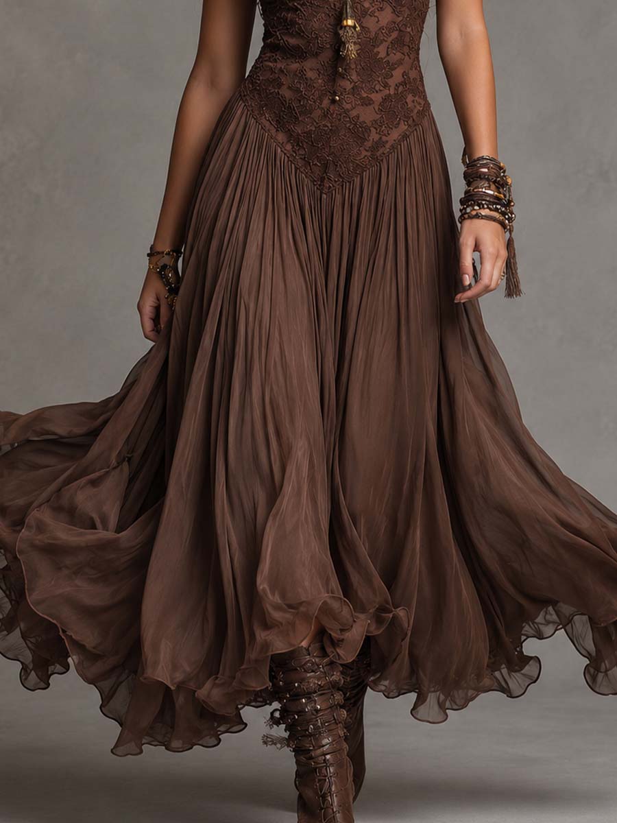 Σκούρο Καφέ Maxi Φόρεμα από Σιφόν με Δαντέλα