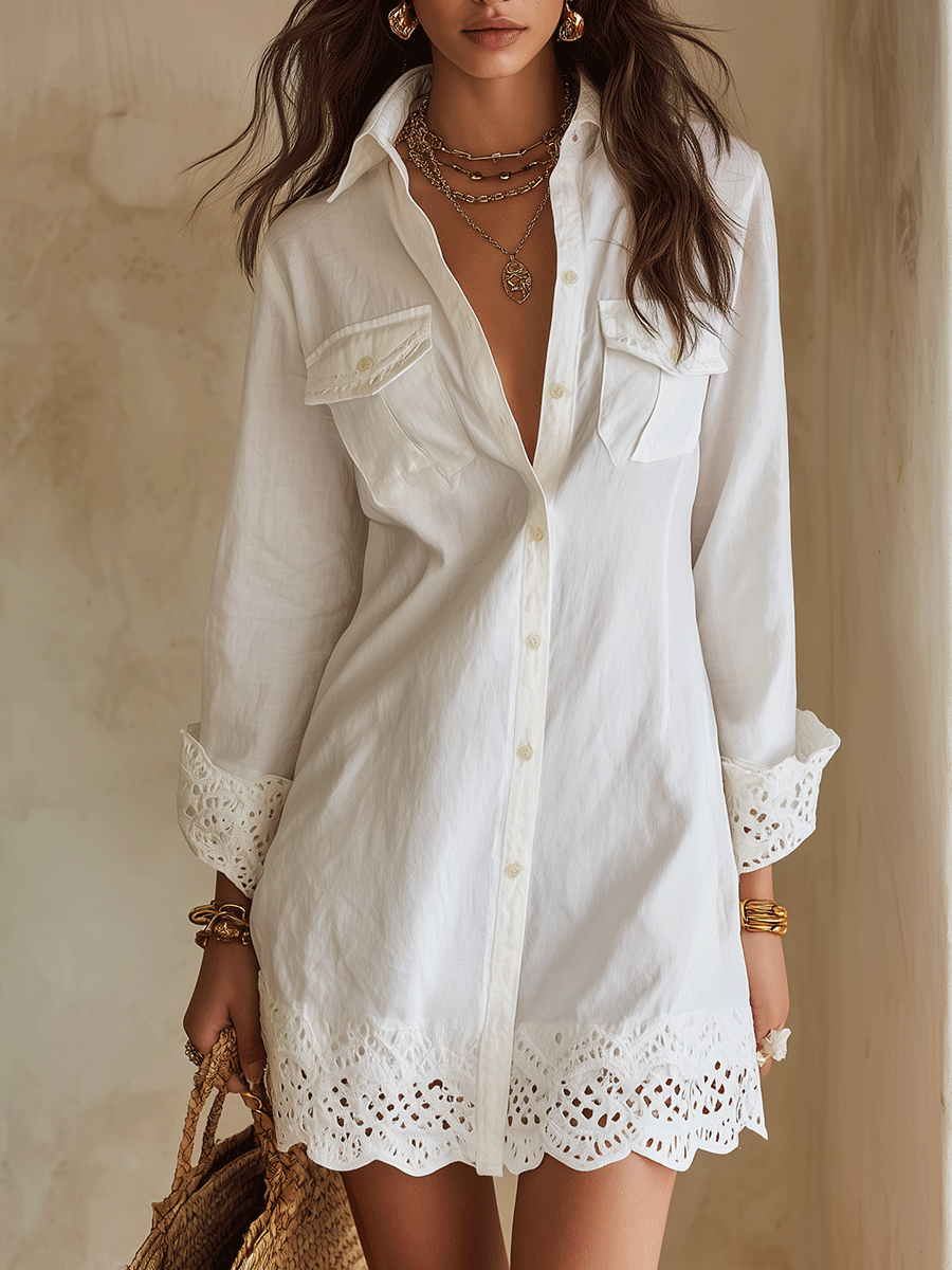 Χιμένα™ | Λευκό Boho Mini Φόρεμα-Πουκάμισο με Κέντημα