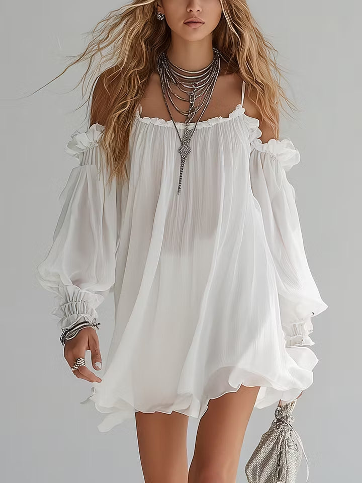 Βαγγελίτσα™ | Λευκό Boho Mini Φόρεμα