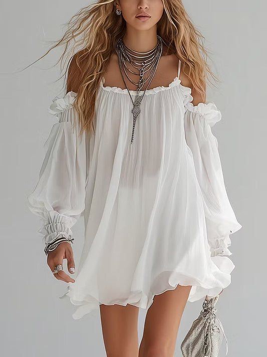 Βαγγελίτσα™ | Λευκό Boho Mini Φόρεμα