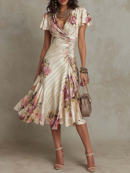 Άλμπα™ | Κομψό Floral Midi Φόρεμα με Wrap Κοπή και Ζάρες