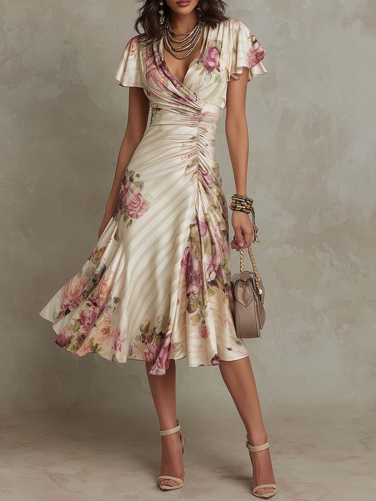 Άλμπα™ | Κομψό Floral Midi Φόρεμα με Wrap Κοπή και Ζάρες