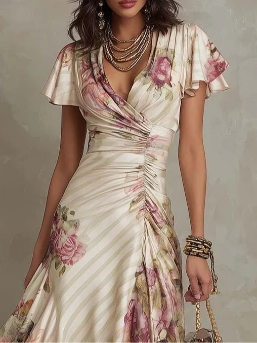 Άλμπα™ | Κομψό Floral Midi Φόρεμα με Wrap Κοπή και Ζάρες