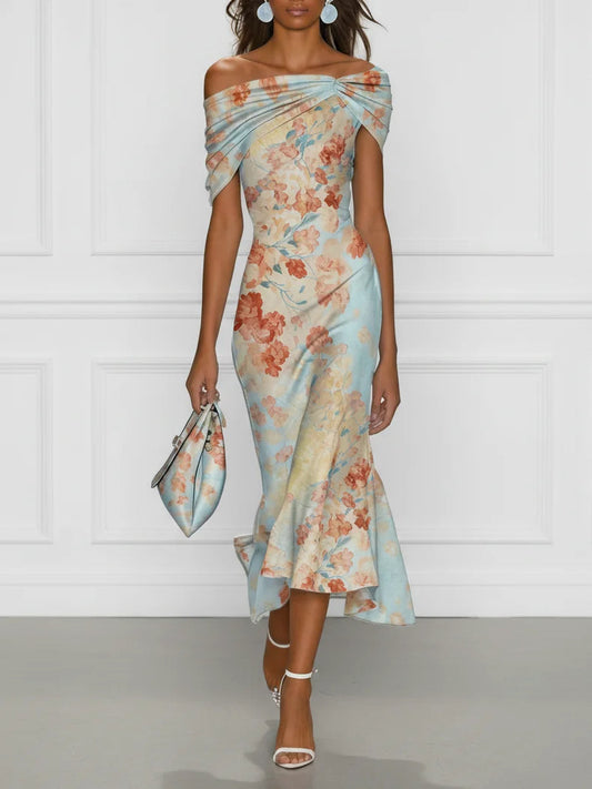Βιτόρια™ | Midi Γοργονέ Φόρεμα Off-Shoulder με Μπλε Floral Print