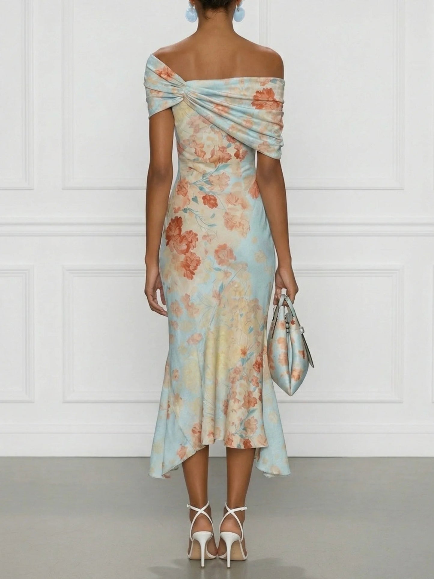 Βιτόρια™ | Midi Γοργονέ Φόρεμα Off-Shoulder με Μπλε Floral Print