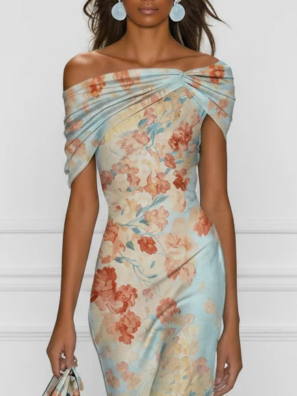 Βιτόρια™ | Midi Γοργονέ Φόρεμα Off-Shoulder με Μπλε Floral Print