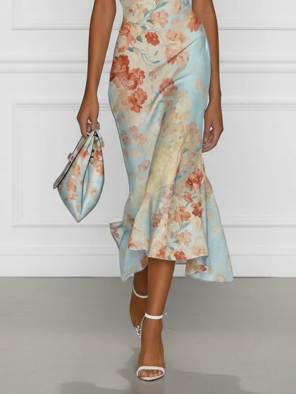 Βιτόρια™ | Midi Γοργονέ Φόρεμα Off-Shoulder με Μπλε Floral Print