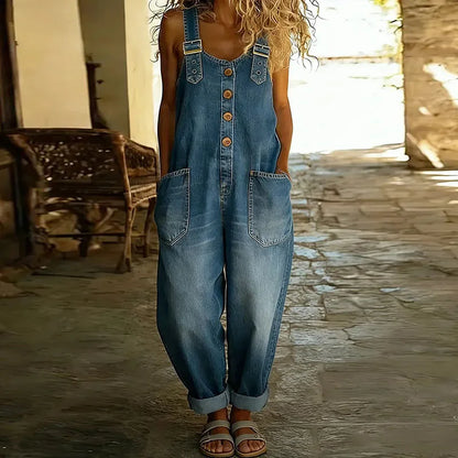 Carmen - Combinaison vintage en denim en coton doux avec bretelles réglables