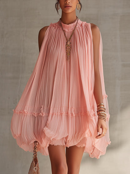 Ροζ mini φόρεμα από σιφόν με halter-neck λαιμόκοψη και βολάν
