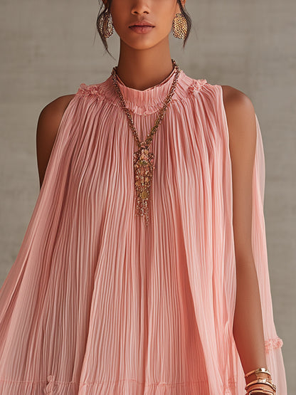 Ροζ mini φόρεμα από σιφόν με halter-neck λαιμόκοψη και βολάν