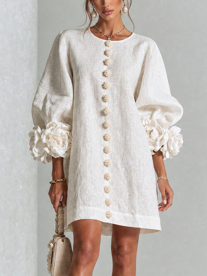 Ρόζεττα™ | Λευκό Floral Mini Φόρεμα με Εντυπωσιακά Ροζέτα Manchette